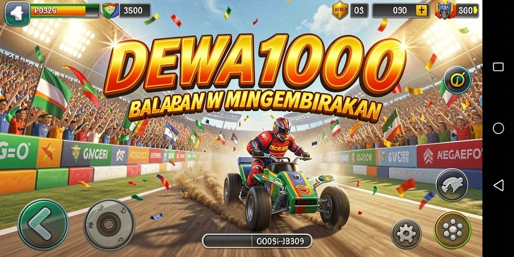 Screenshot menampilkan aksi balapan seru di DEWA1000.