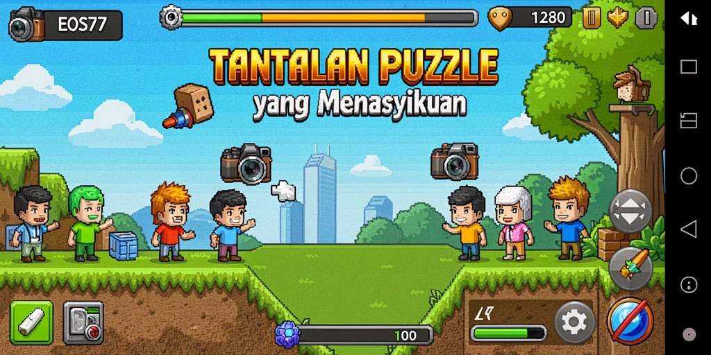 Screenshot utama menampilkan gameplay menakjubkan dari EOS77 dengan teka-teki yang menantang.