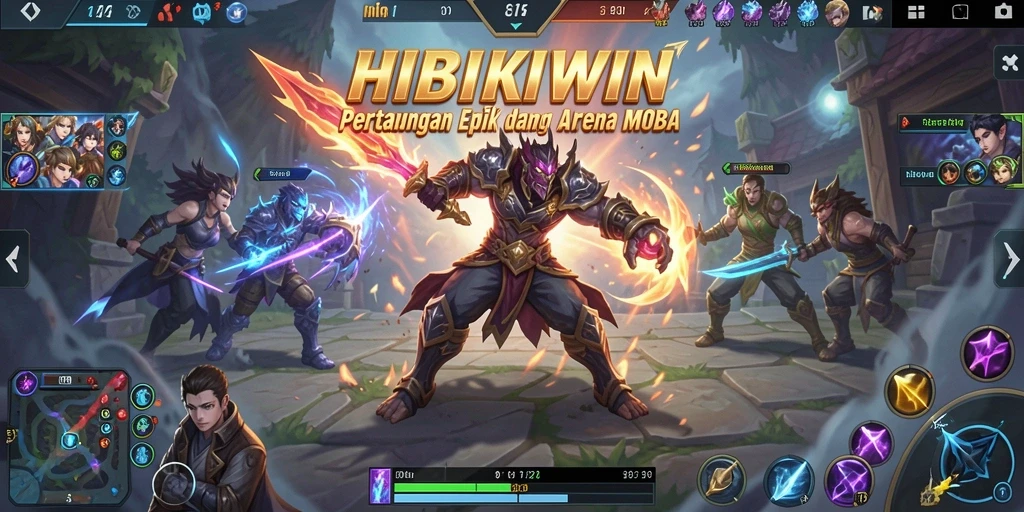 Screenshot utama HIBIKIWIN menampilkan aksi seru dalam pertarungan tim.