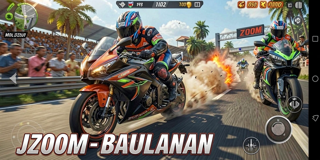 Screenshot J200M menampilkan aksi balapan motor yang seru.