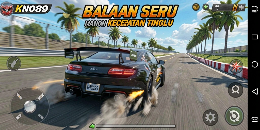 Tangkapan layar gameplay KNO89 menunjukkan balapan yang mendebarkan di trek dengan visual menakjubkan.