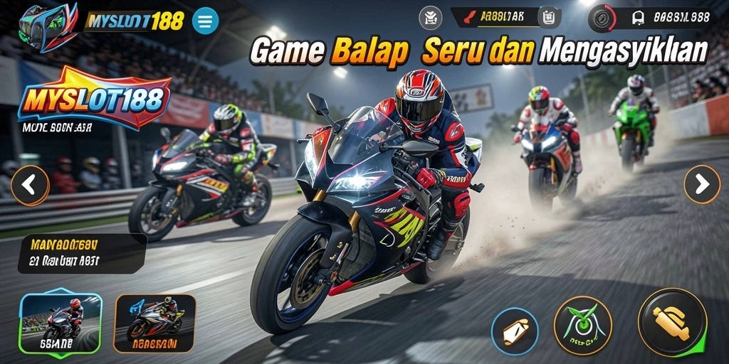 Tangkapan layar utama MYSLOT188 menampilkan balapan cepat dengan grafis yang ciamik.