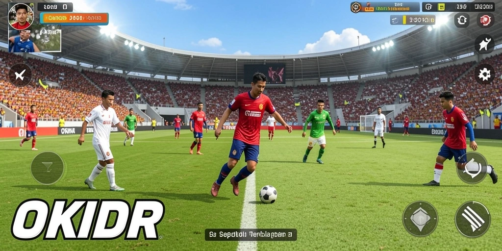 Tangkapan layar gameplay OKIDR yang menunjukkan pertandingan sepak bola seru.