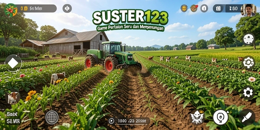 Screenshot gameplay SUSTER123 menampilkan ladang hijau dan hewan ternak.